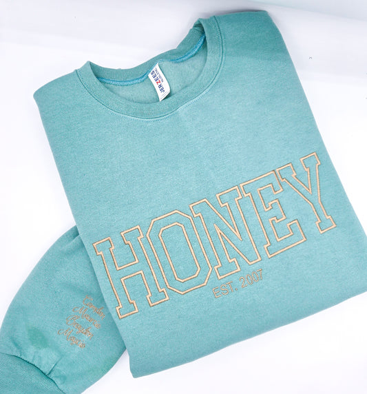 Custom Name Est. with Names on Sleeve Sweatshirt - MUDBUGSBTQ