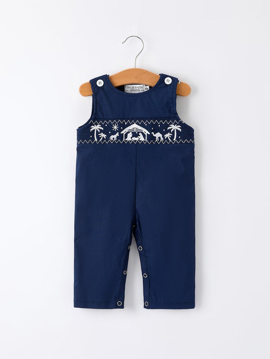 Navy Nativity Smocked Romper