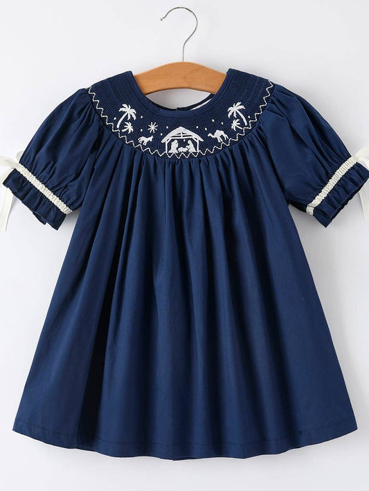 Navy Nativity Smocked Dress