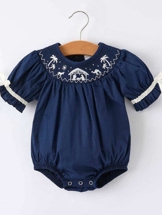 Navy Nativity Smocked Romper