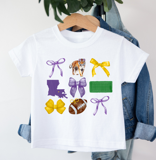 Purple & Gold Tiger Bows Tee - MUDBUGSBTQ