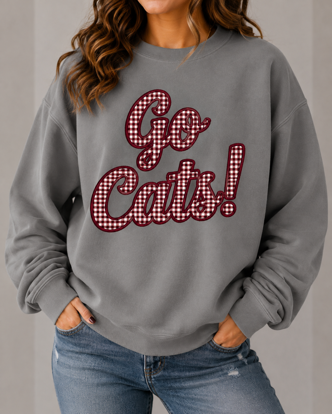 Go Cats! Gingham Retro Applique Sweatshirt