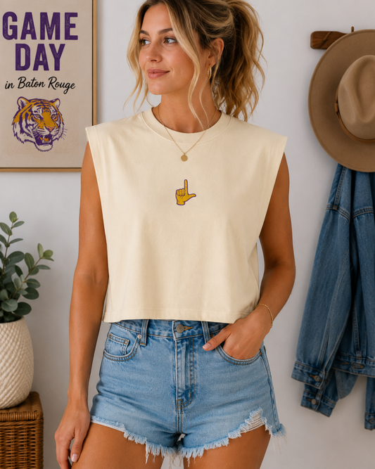 Golden L Embroidered Muscle Tank – Cream