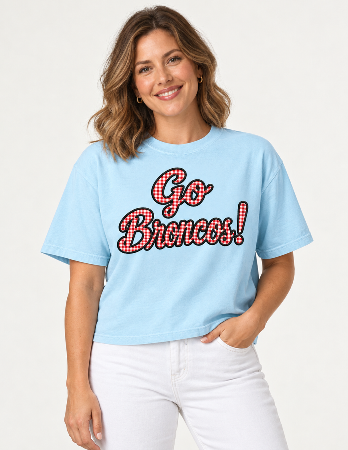 Go Broncos! Gingham Appliqué Boxy Tee